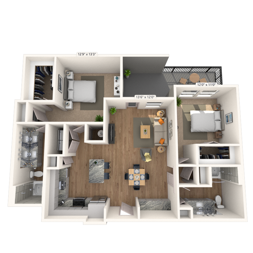 Floor plan for 2 beds, 2 baths, 1209 sqft